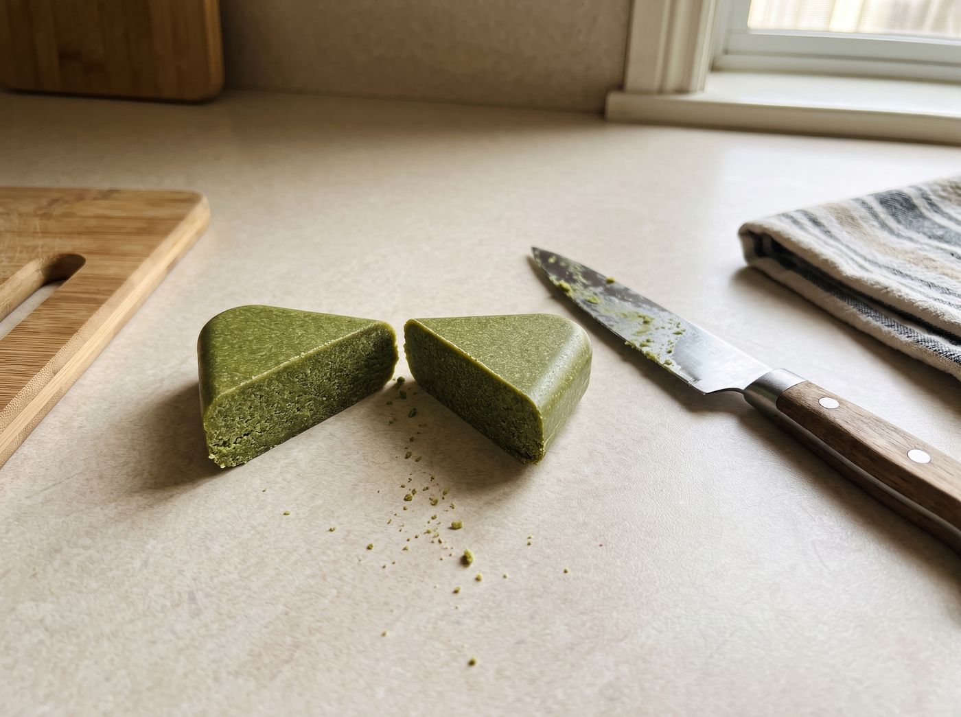 The glavet bar cut in half on a kitchen counter