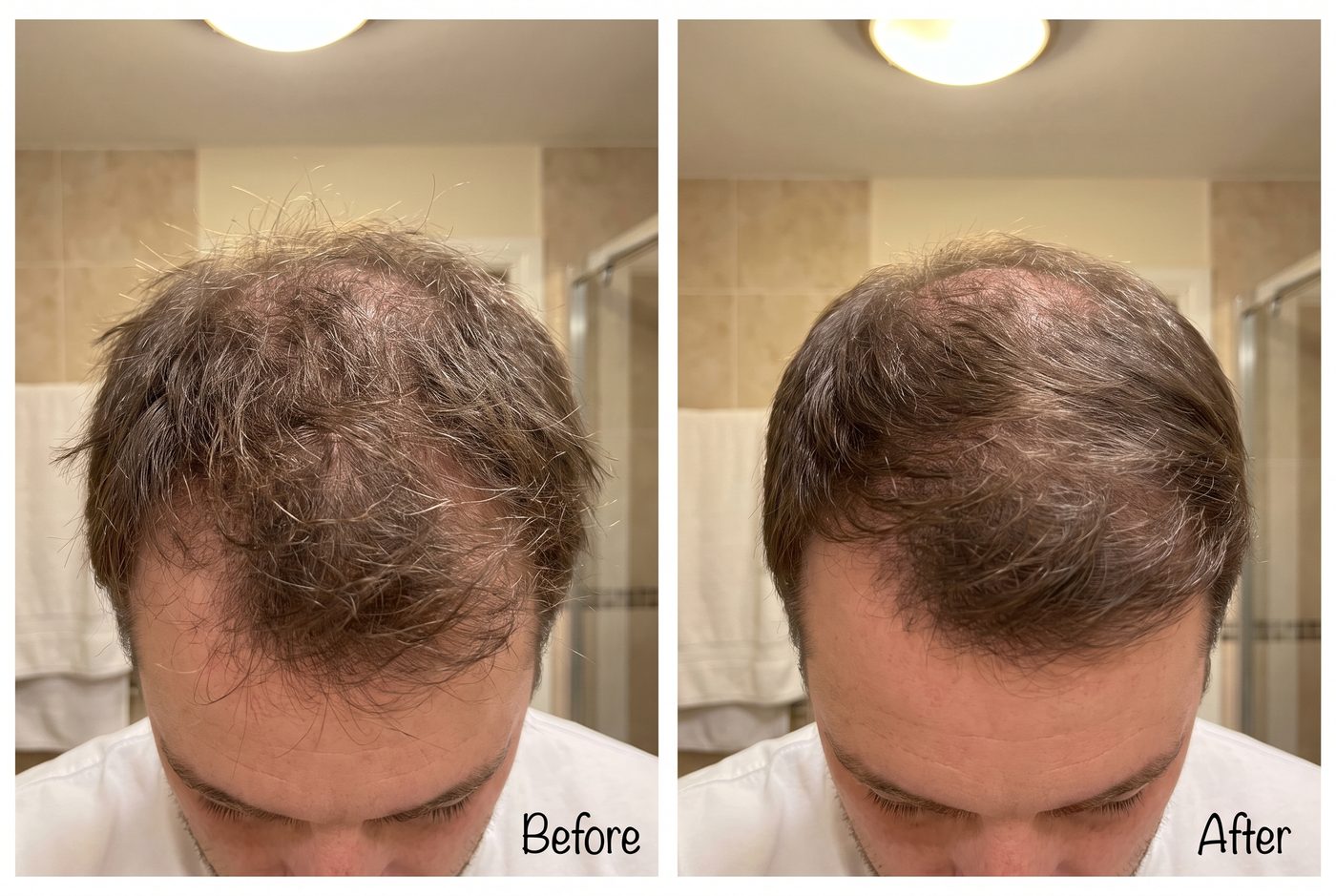 Top of a man's head before and after six weeks: frizzy, flat and dry before; smoother and softer after
